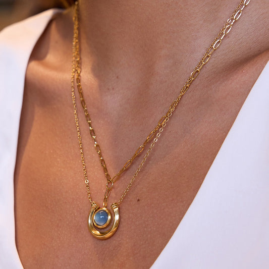 Azure Elegance: Dual Gold Chain Pendant Necklace