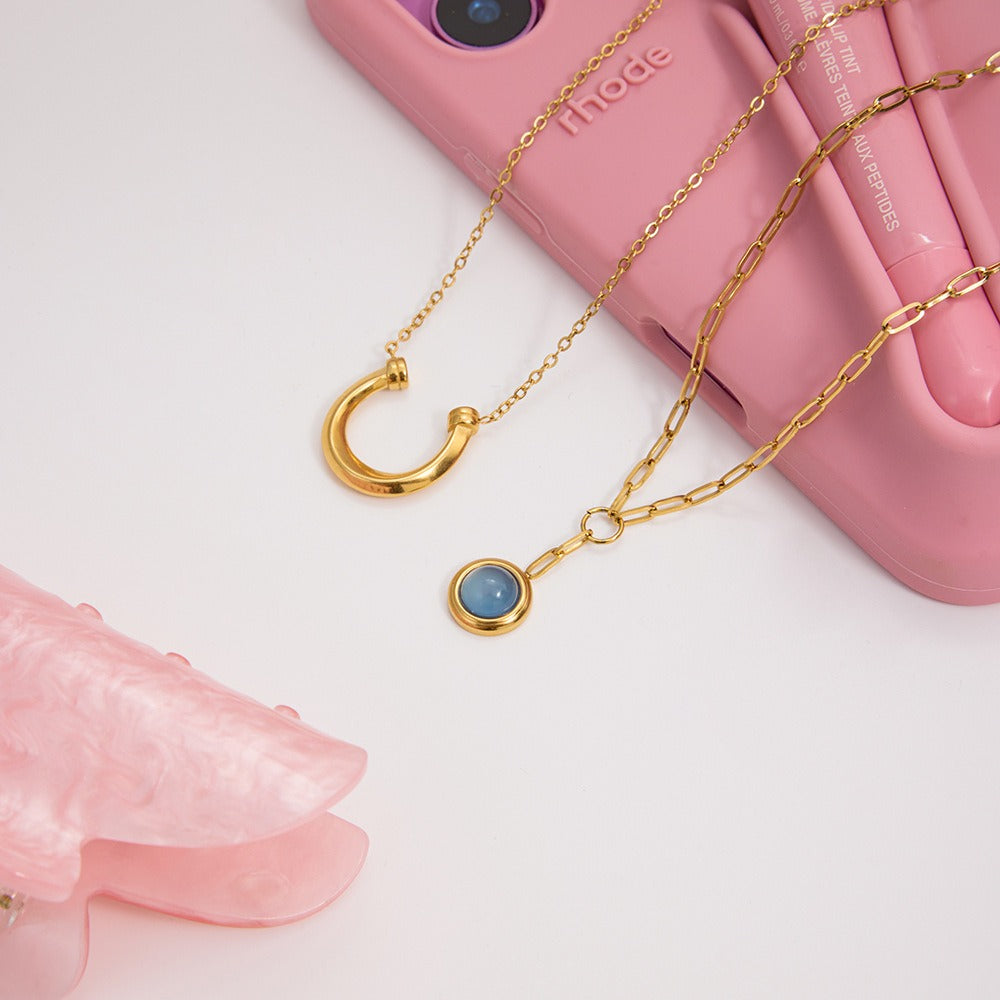 Azure Elegance: Dual Gold Chain Pendant Necklace