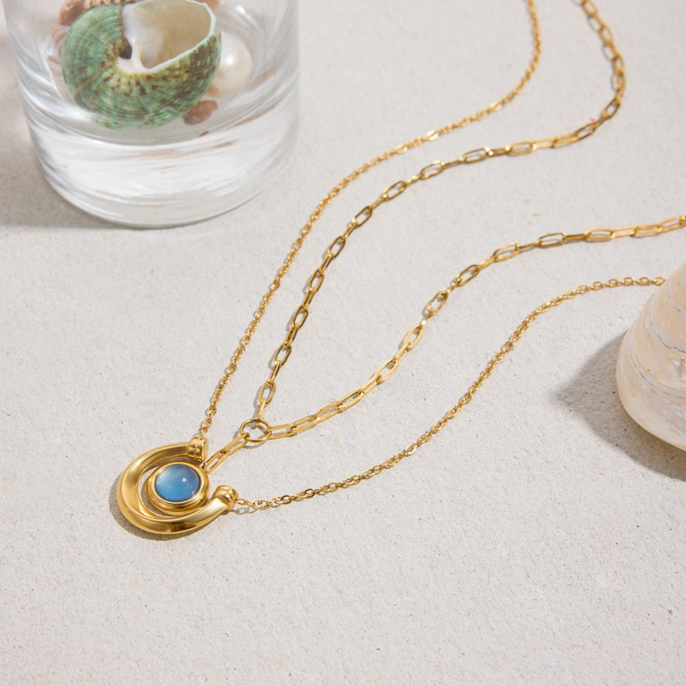 Azure Elegance: Dual Gold Chain Pendant Necklace