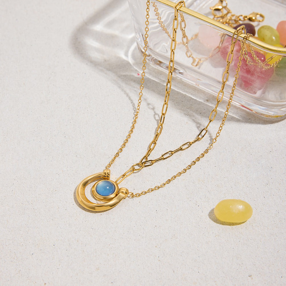 Azure Elegance: Dual Gold Chain Pendant Necklace
