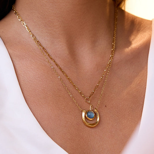Azure Elegance: Dual Gold Chain Pendant Necklace