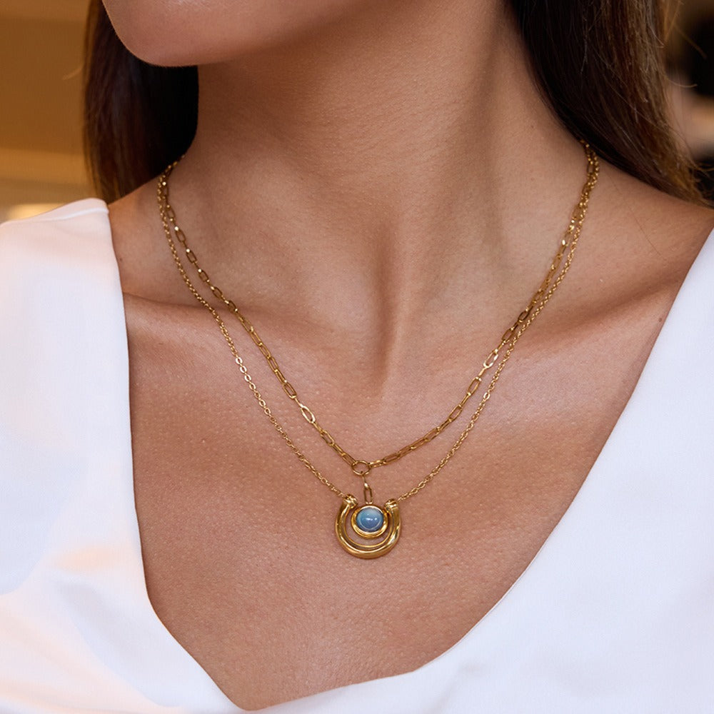 Azure Elegance: Dual Gold Chain Pendant Necklace