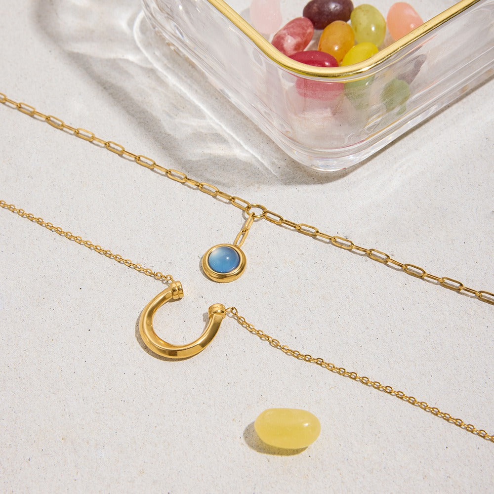 Azure Elegance: Dual Gold Chain Pendant Necklace