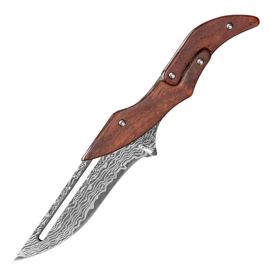 Damascus Steel Folding Knife With Wood Handle