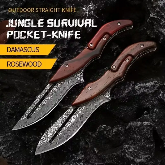 Damascus Steel Folding Knife With Wood Handle