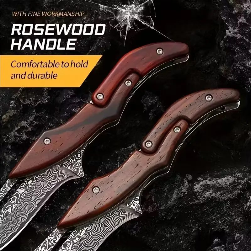 Damascus Steel Folding Knife With Wood Handle