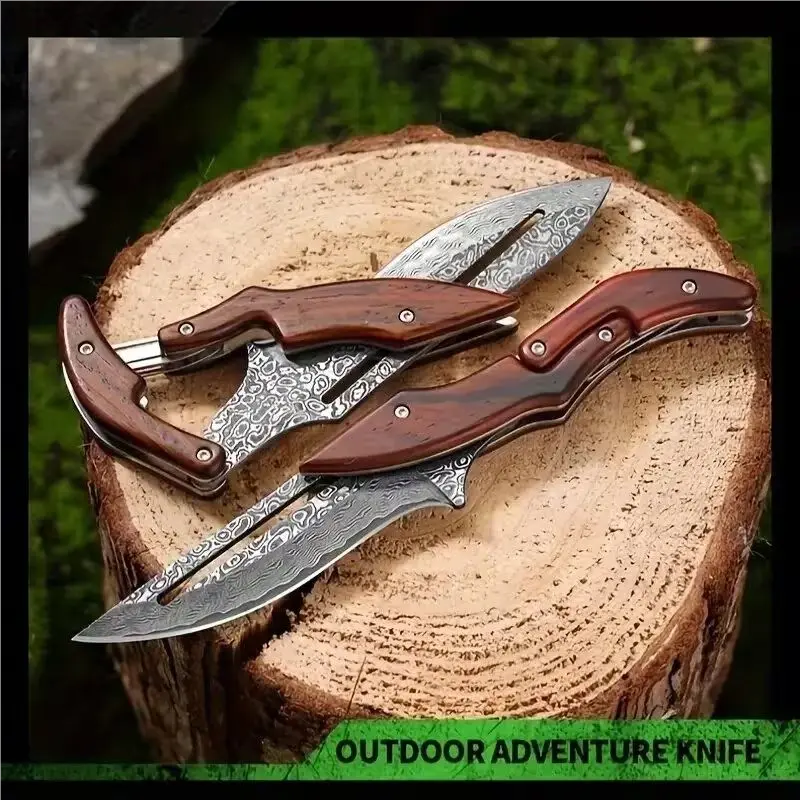 Damascus Steel Folding Knife With Wood Handle