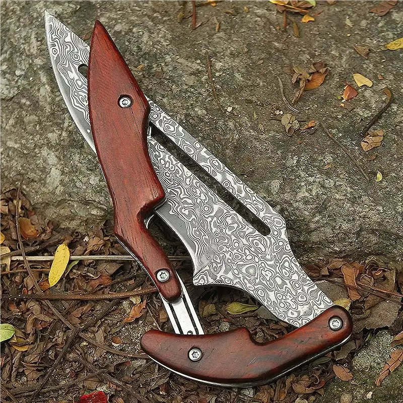 Damascus Steel Folding Knife With Wood Handle