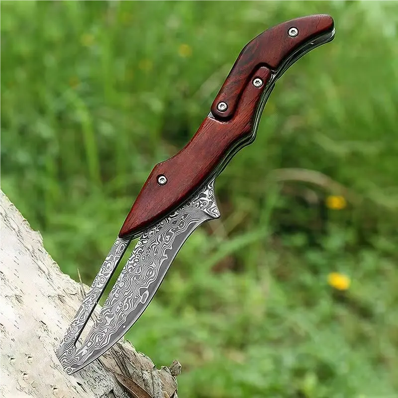 Damascus Steel Folding Knife With Wood Handle