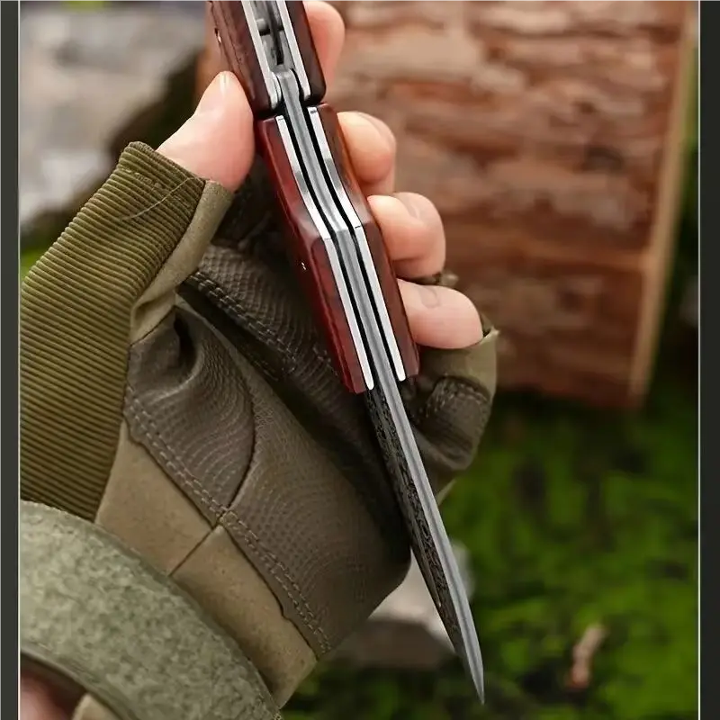 Damascus Steel Folding Knife With Wood Handle