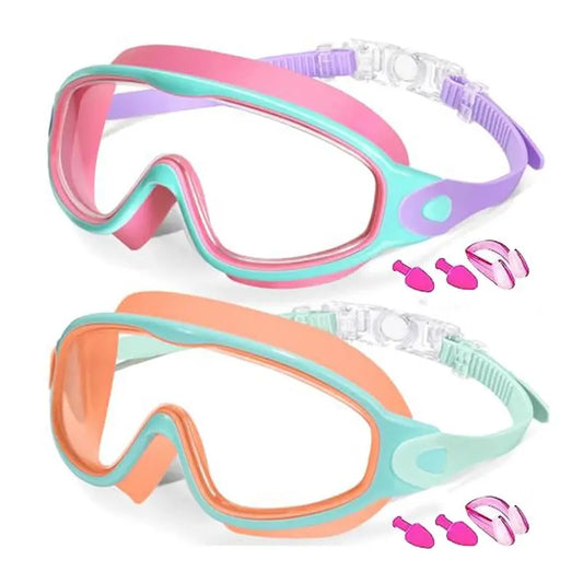 Kids Anti-Fog Swimming Goggles With Earplugs – Wide-View Silicone, 2-Pack