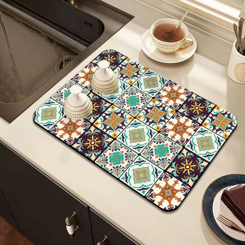 Retro Quick-Dry Dish Rack Mat For Kitchen Counters