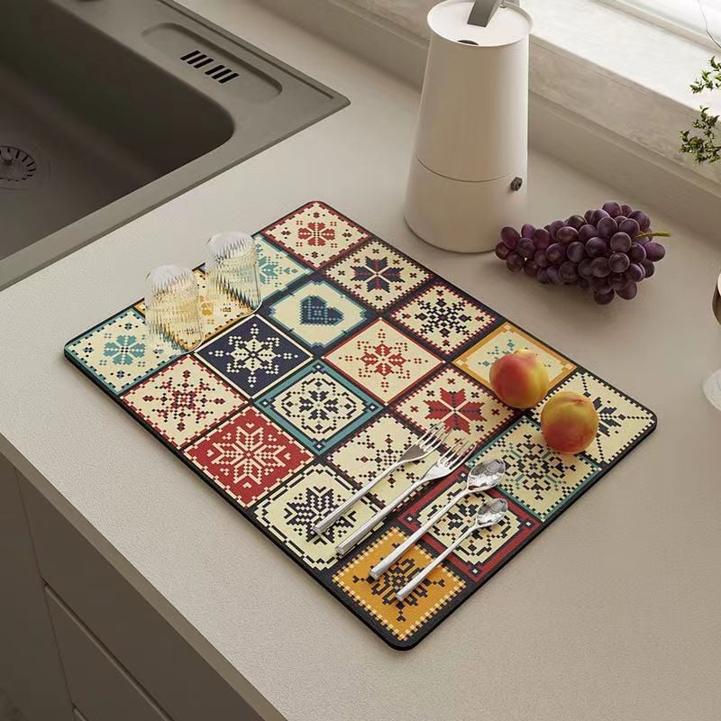 Retro Quick-Dry Dish Rack Mat For Kitchen Counters